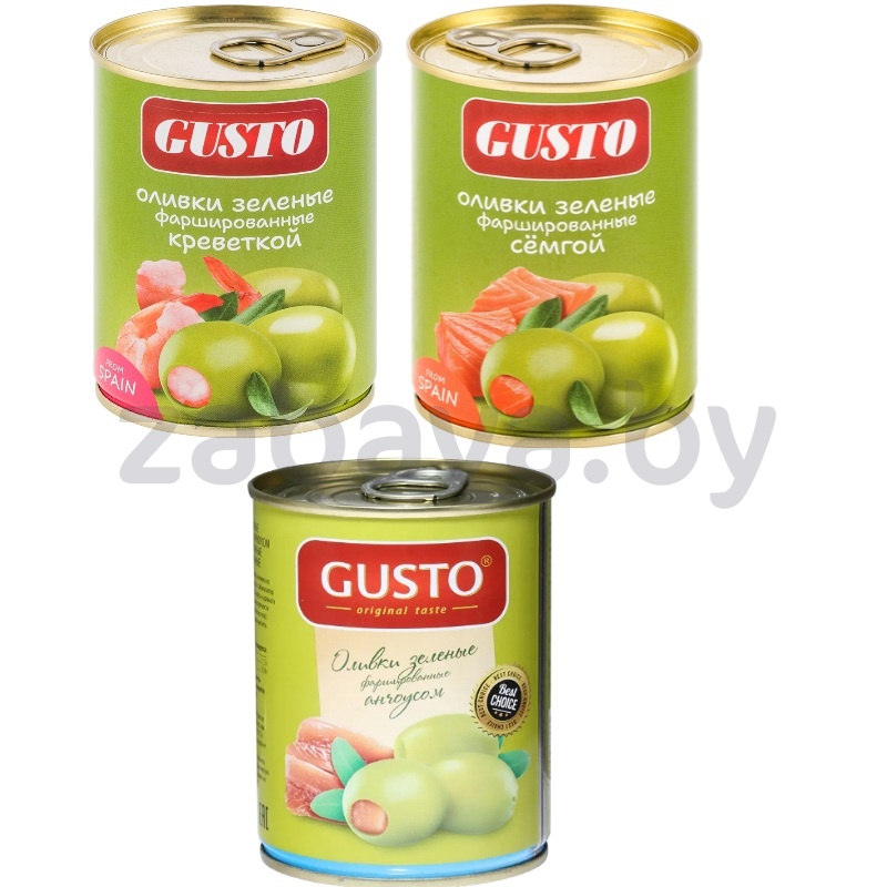 Оливки Gusto, фаршированные креветкой/анчоусом/семгой, 280 г, в ассорт.