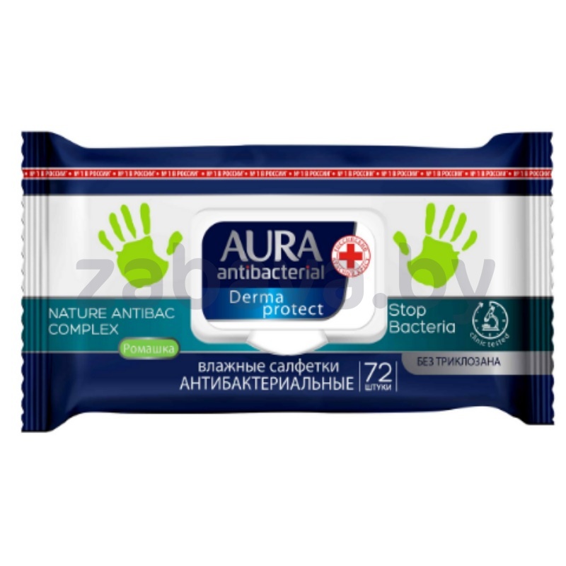Салфетки влажные Aura, антибакт., ромашка, 72 шт.