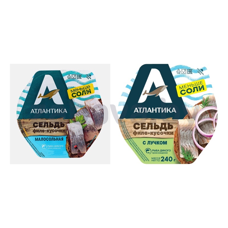 Сельдь «Атлантика», филе-куски, в масле, с лучком или м/с, 240 г