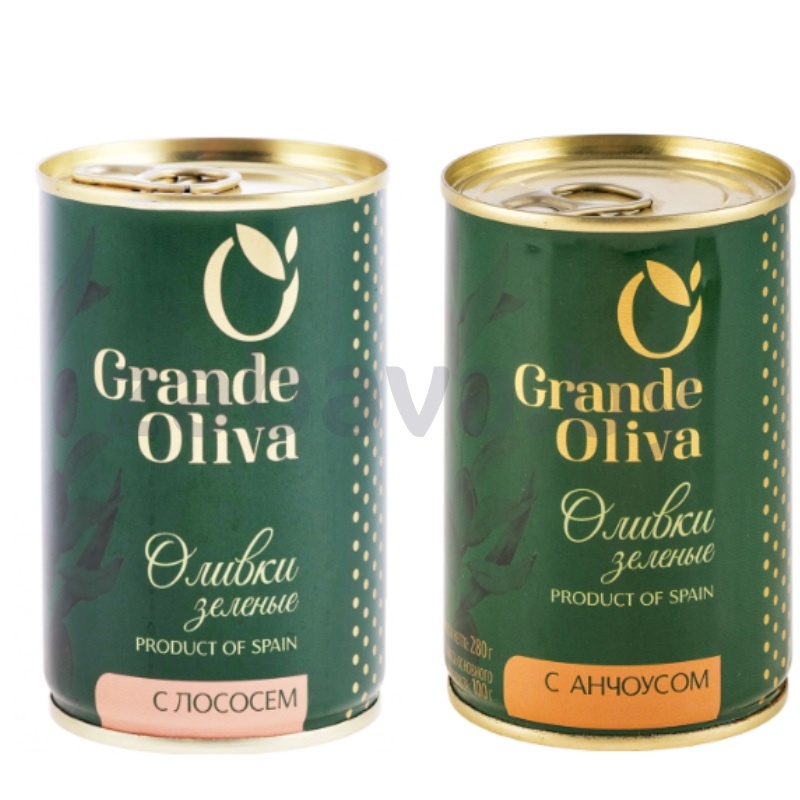 Оливки зеленые Grande Oliva, фаршир. анчоусом/лососем, 280 г