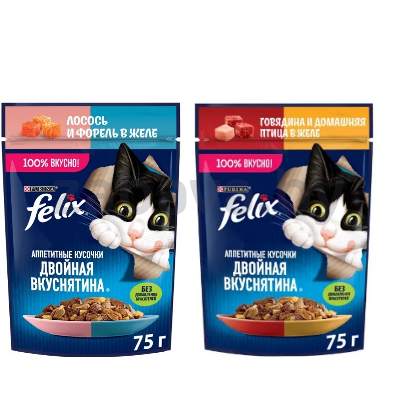 Корм для кошек Felix, лосось-форель или говядина-птица, 75 г