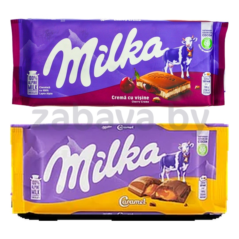 Шоколад Milka, вишня или карамель, 100 г