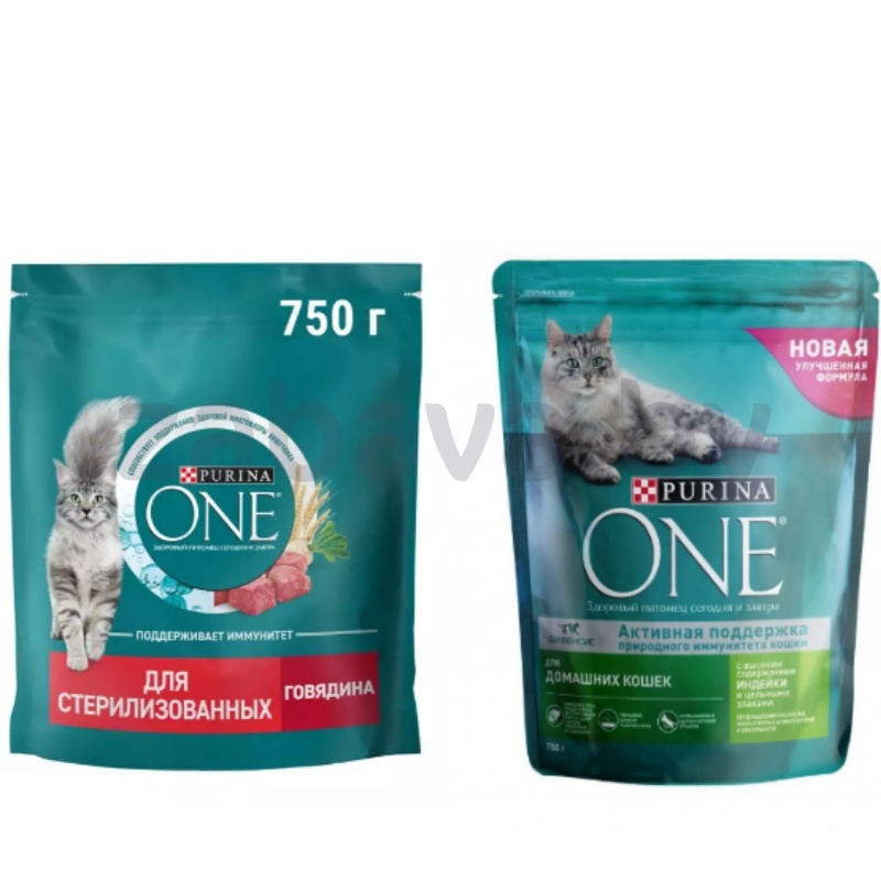 Корм сухой Purina One, индейка-злаки или говядина-пшеница, 750 г