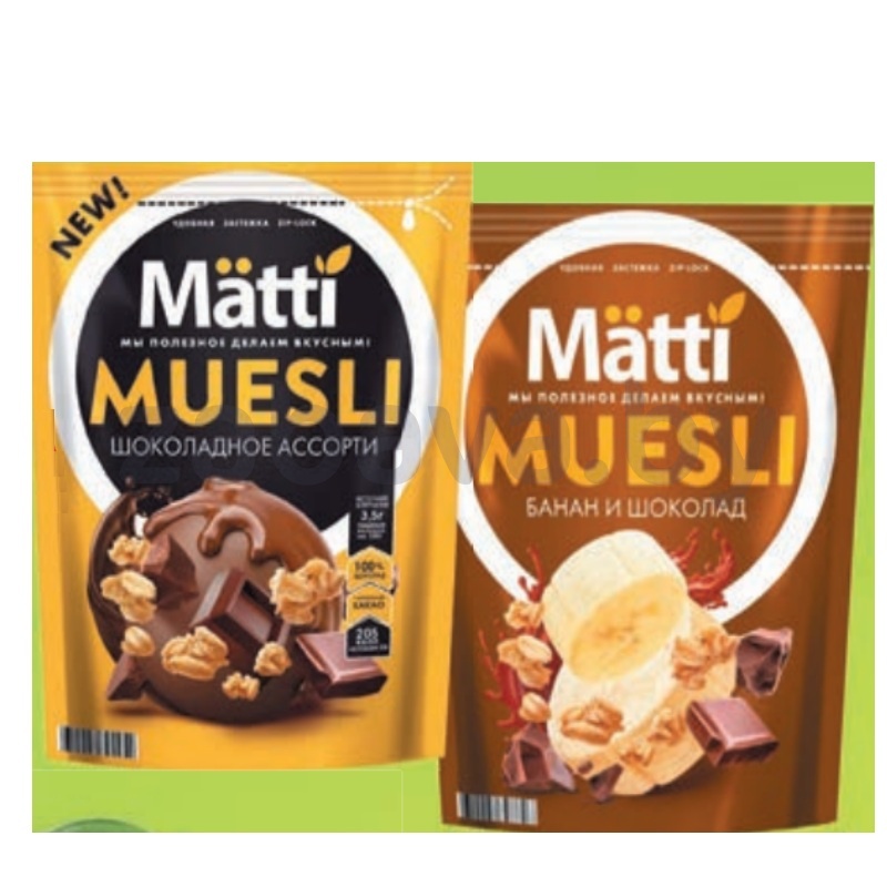 Мюсли Matti, 250 г, банан-шок. или шок. ассорти