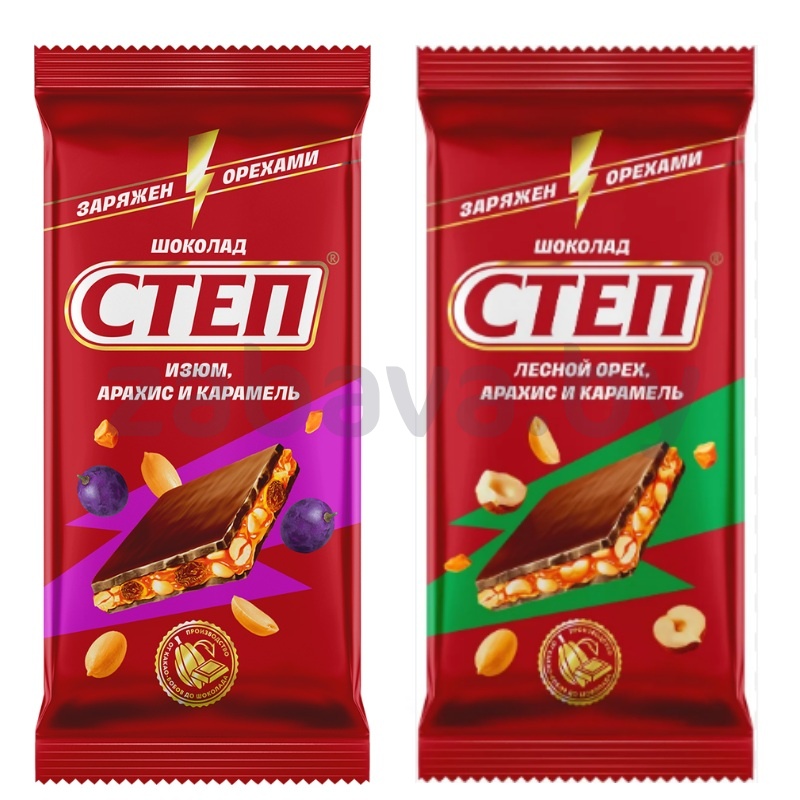 Шоколад молочн. «Степ», арахис-карамель или изюм и лесн. орех, 80 г