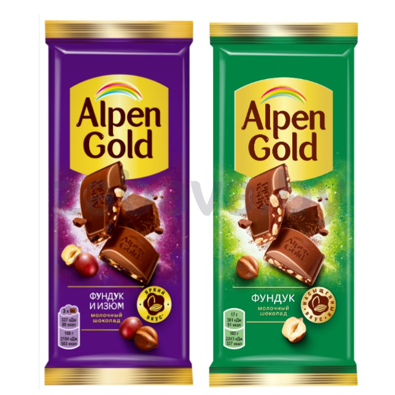 Шоколад Alpen Gold, фундук-изюм или фундук, 80 г