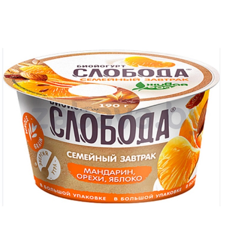 Биойогурт «Слобода», мандарин-орехи-яблоко или гранола-изюм-орехи, 5%, 190 г