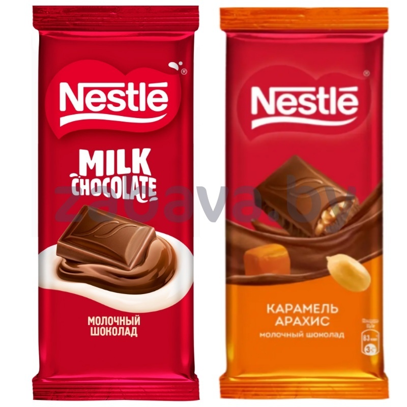 Шоколад Nestle, молочн. с карам. и арахисом или молочный, 75 г