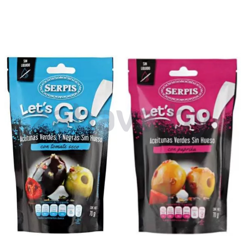 Оливки ассорти Serpis Let's Go! с вял. томат. или зелен. с паприкой, 70 г