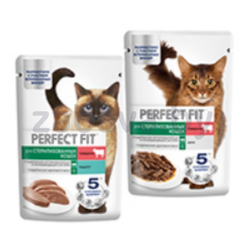 Корм Perfect Fit, д/стерил. кошек, говяд. в соусе и паштет с говяд., 75 г