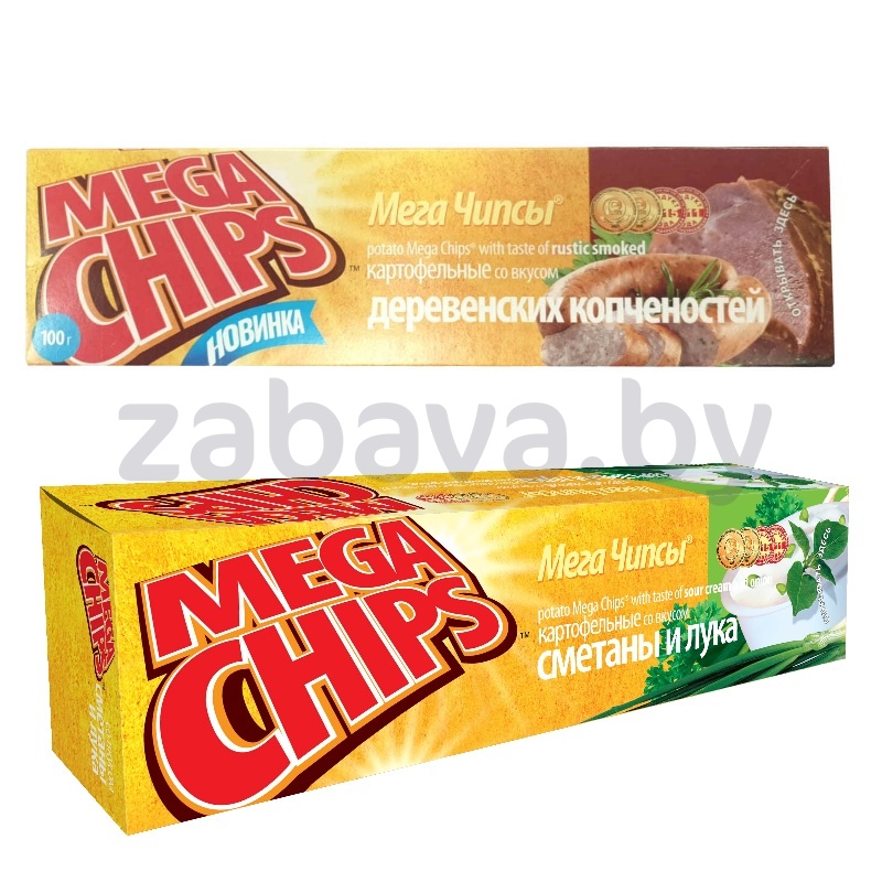 Чипсы Mega Chips, сметана и лук или дер. копчености, 100 г