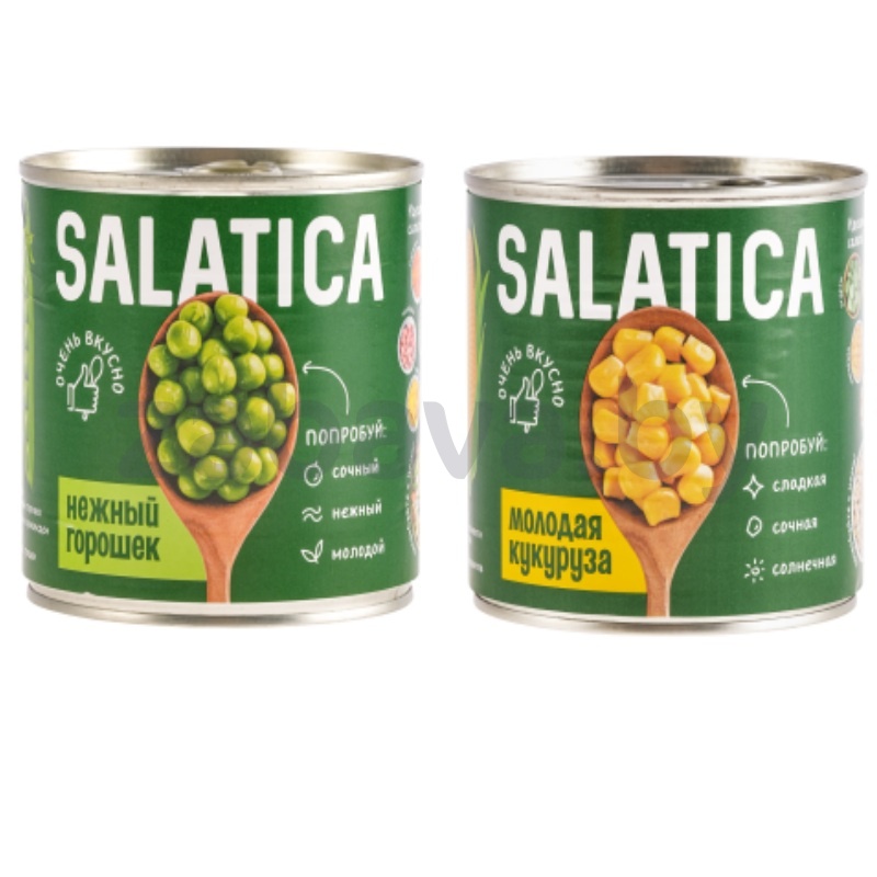 Горошек нежный или кукуруза молодая, Salatica, 400/340 г