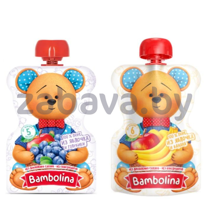 Пюре Bambolina, яблоко-банан/яблоко-голубика, 100 г