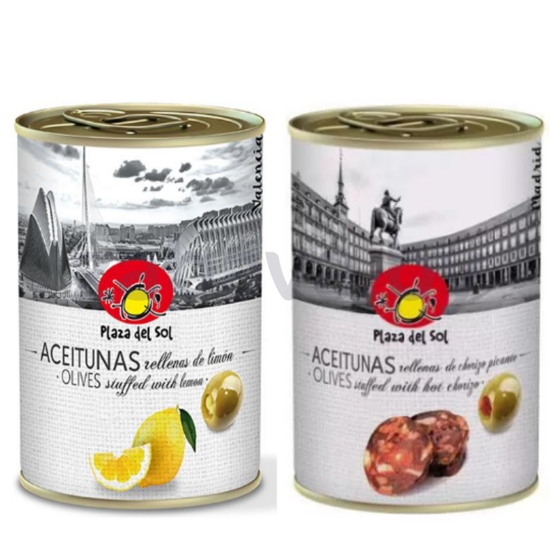 Оливки Plaza Del Sol, фаршир. лимоном или чоризо, 280 г