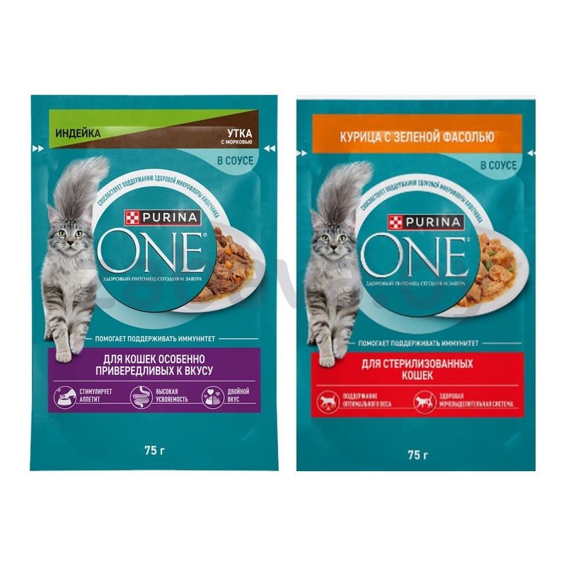 Корм для кошек Purina One, индейка-утка или курица с фасолью, 75 г