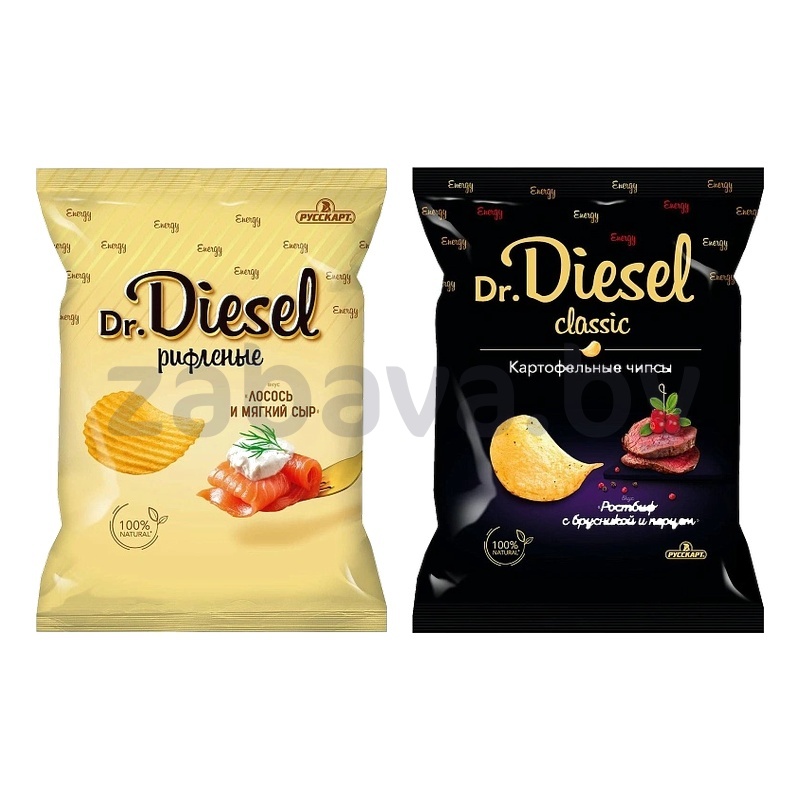 Чипсы Dr. Diesel, лосось и мягкий сыр или ростбиф с брусн. и перцем, 120 г