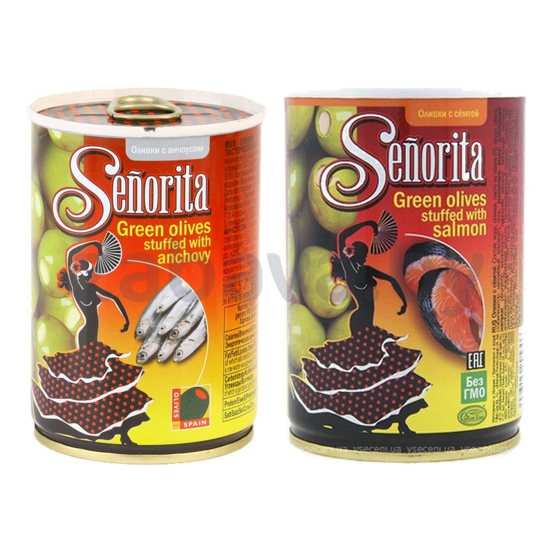 Оливки зеленые Senorita, фаршир. анчоусом или семгой, 280 г