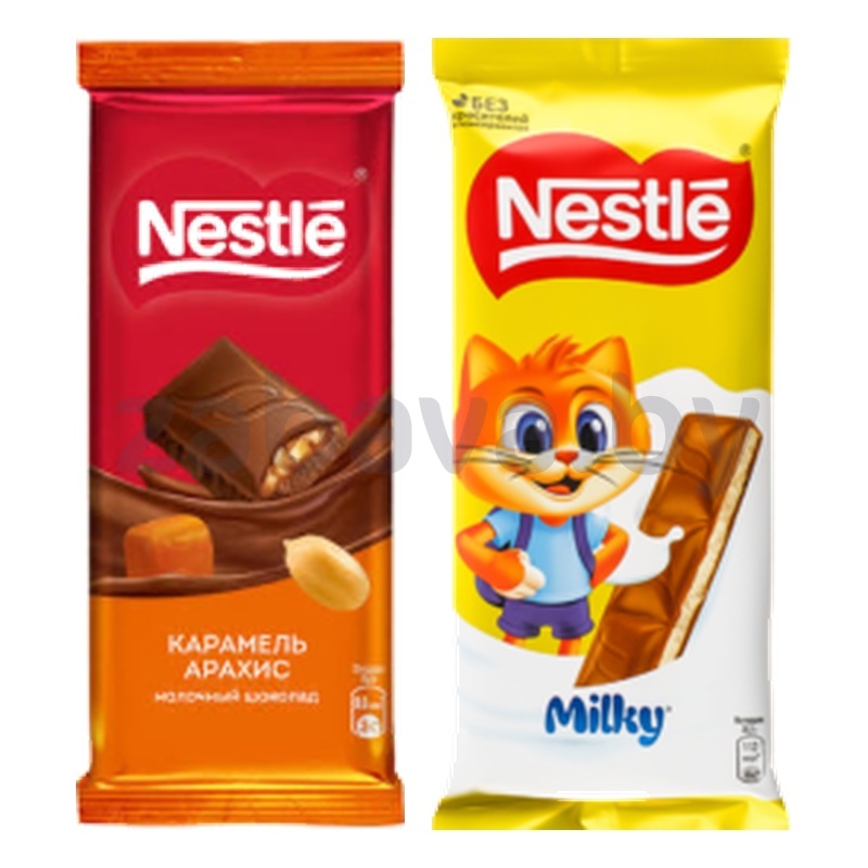 Шоколад молочн. Nestle, milky 82 г или карамель-арахис 75 г