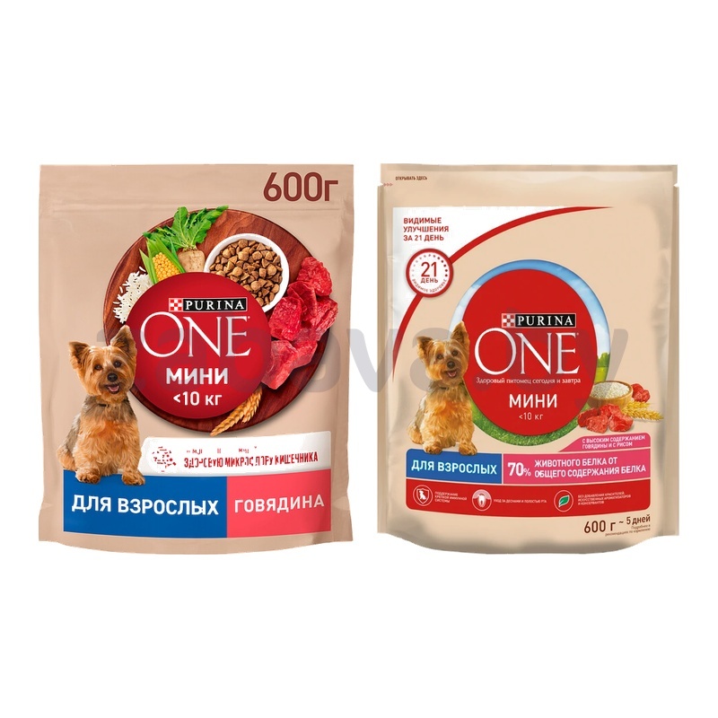 Корм для собак Purina One, говядина или говядина-рис, 600 г