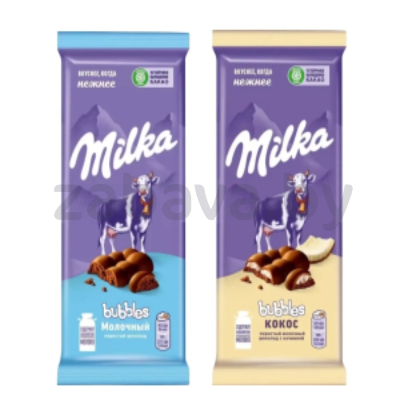 Шоколад Milka Bubbles, пористый, молочный или с кокосом, 80/82 г
