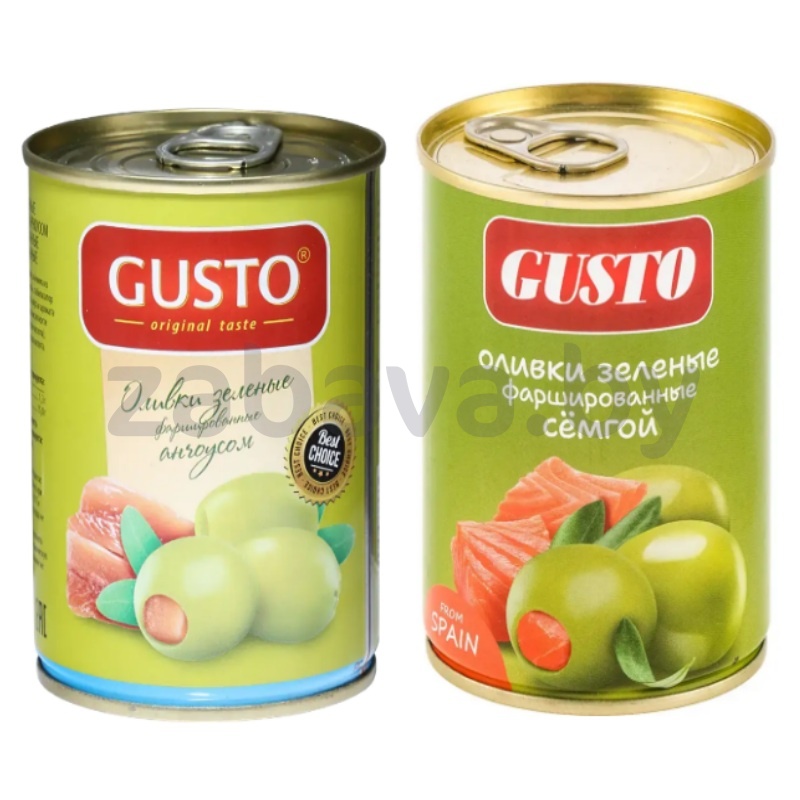 Оливки зеленые Gusto, фаршир. анчоусом/семгой, 280 г