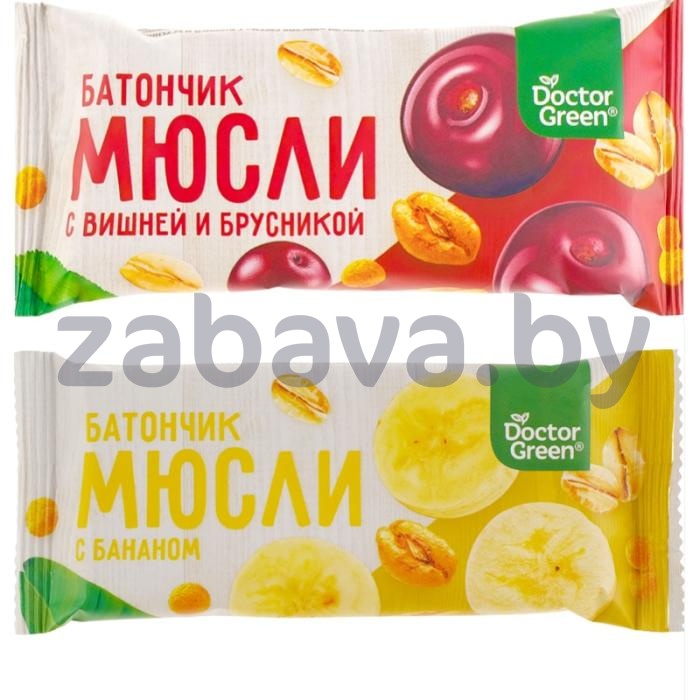 Батончик-мюсли Doctor Green, банан/вишня-брусника, 50 г