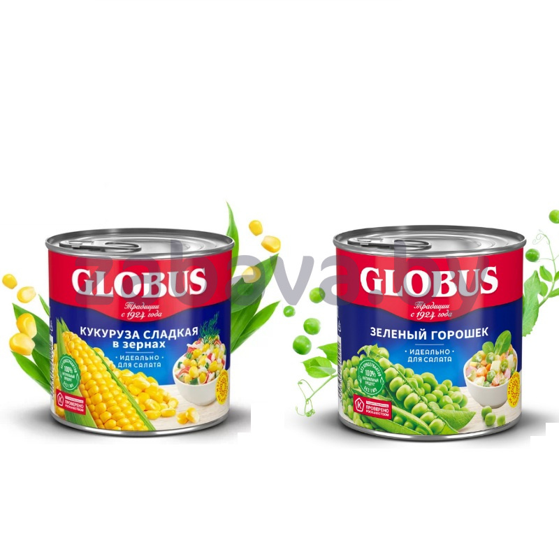 Горошек зеленый или кукуруза сладкая Globus, 400/340 г