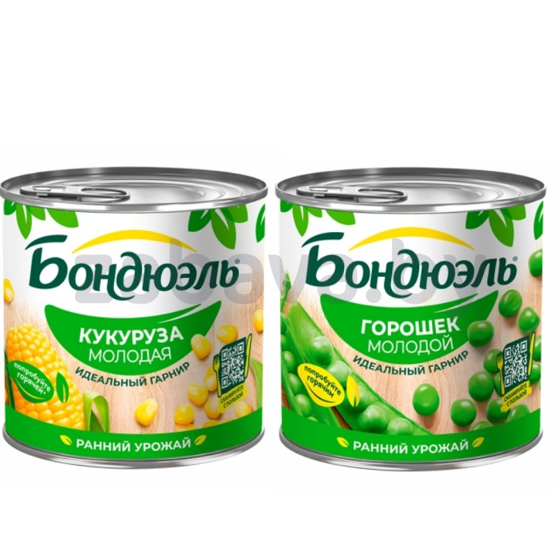 Зеленый горошек нежный «Бондюэль» или кукуруза сладкая, 400/340 г