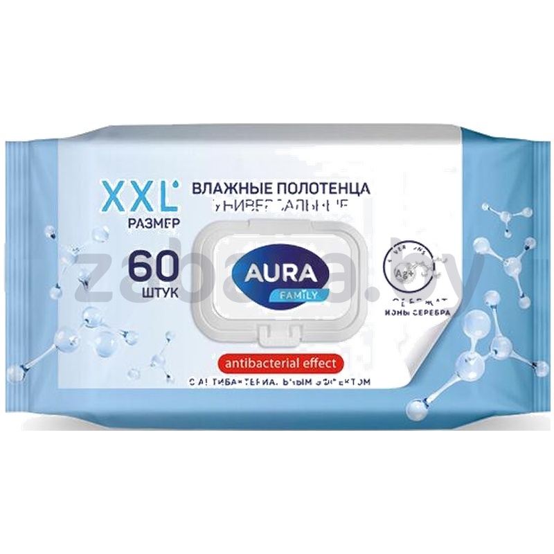 Влажные полотенца Aura Family, с антибактериальным эффектом, 60 шт.