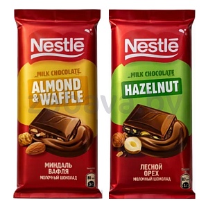 Шоколад молочный Nestle, миндаль-вафля или лесной орех, 75 г