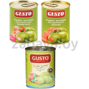 Оливки Gusto, фаршированные креветкой/анчоусом/семгой, 280 г, в ассорт.