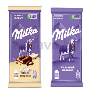 Шоколад Milka молочный или пористый с кокосом, 72/87 г