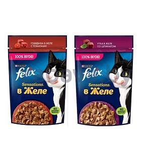 Корм д/кошек Felix, говяд. в соусе с томат. или утка в желе со шпинат., 75 г