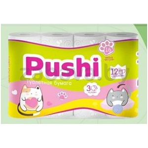 Бумага туалетная Pushi, 3 слоя, 16 м, 12 рул.