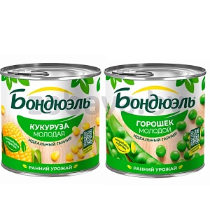 Зеленый горошек нежный «Бондюэль» или кукуруза сладкая, 400/340 г