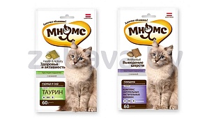 Хрустящие подушечки «Мнямс», для кошек, 60 г, «Выведение шерсти» или «Здоровье и активность»