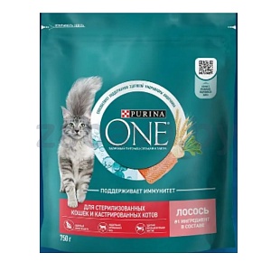 Корм Purina One с высок. содерж. лосося и пшеницей, 750 г