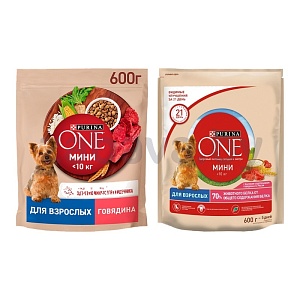 Корм для собак Purina One, говядина или говядина-рис, 600 г