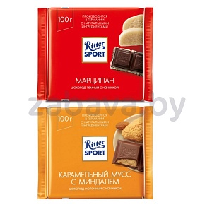 Шоколад Ritter Sport, марципан или карамельный мусс, 100 г