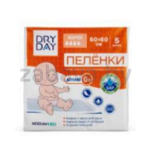 Пеленки детские Dry Day Super, однораз., впитыв., 60×60 см, 5 шт.