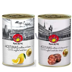 Оливки Plaza Del Sol, фаршир. лимоном или чоризо, 280 г