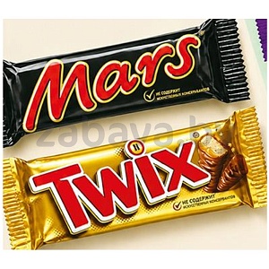 Батончик шок. Mars, 50 г или Twix, 55 г