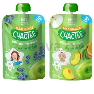 Пюре «Маленькое счастье», яблоко-персик или яблоко-черника, 90 г
