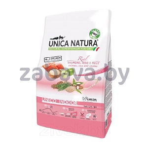 Корм Unica Natura Indoor для домашних кошек с лососем, рисом и яблоком, 0,35 кг