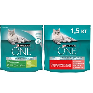 Корм сух. Purina One, лосось-пшеница/индейка-злаки, 1,5 кг