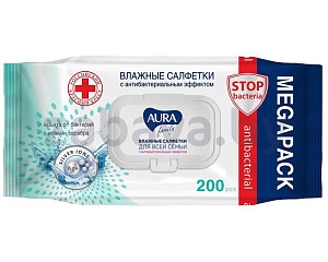 Салфетки влажные Aura Family с крышкой, антибакт., 200 шт.