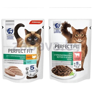 Корм Perfect Fit, д/стерил. кошек, говяд. в соусе/паштет с индейкой, 75 г