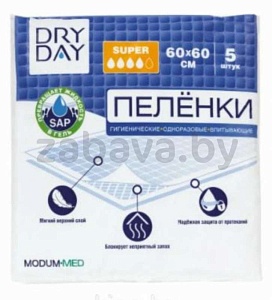 Пеленки Dry Day Super, одноразовые, впитывающие, 60×60 см, 5 шт.