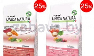 Сухой корм для собак крупных пород Unica Natura, оленина-рис-морковь или сёмга-рис-горох, 12 кг