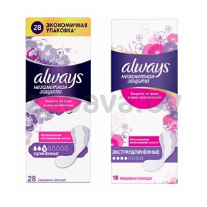 Прокладки Always ежедн., экстраудлиненн./удлиненн. duo, 18/28 шт.